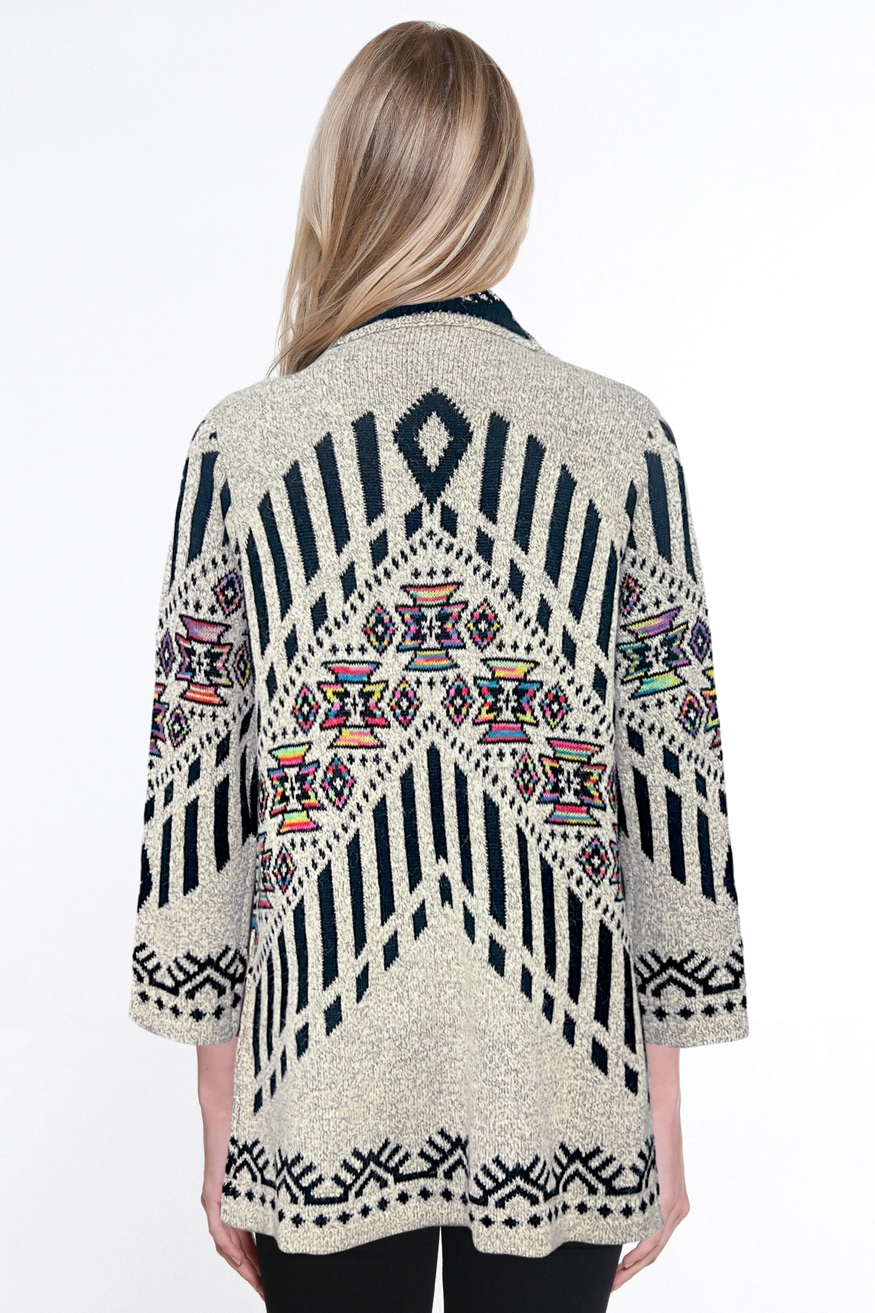 3/4 Sleeve Jacquard Sweater Knit Cardigan - Plus - Heathered Oatmeal