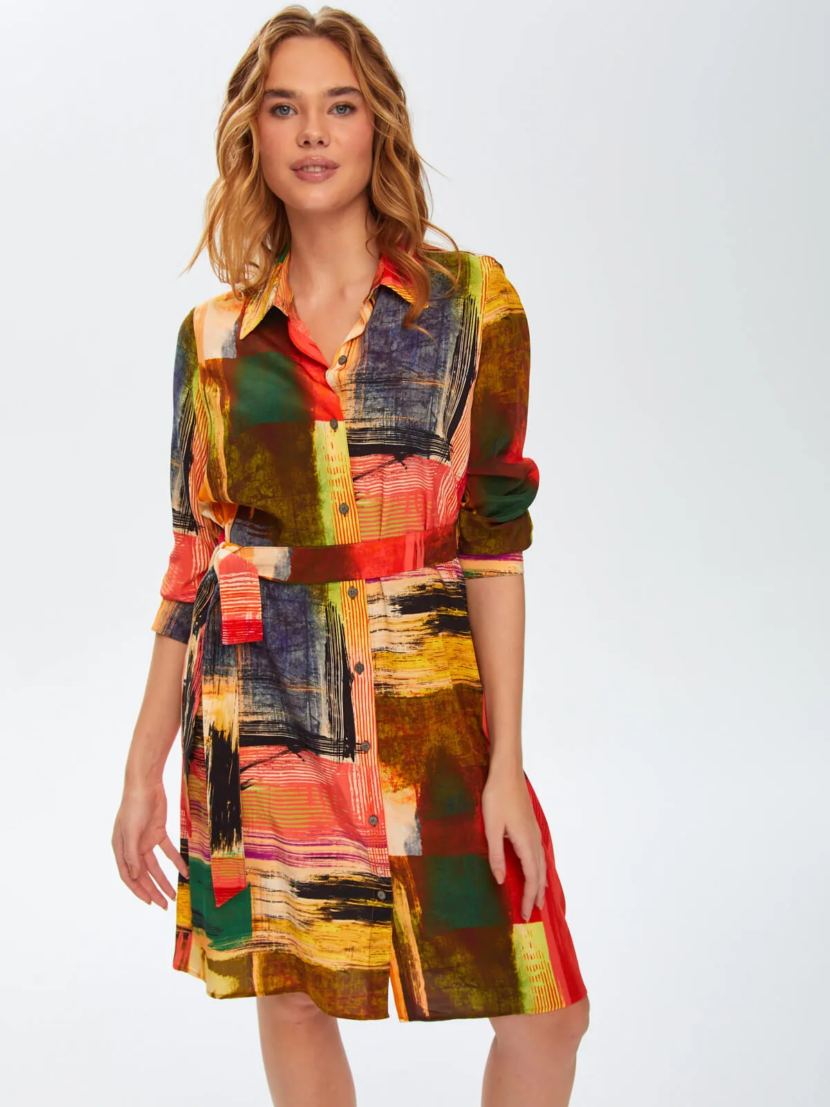 Abstract Pattern Long Sleeve Multicolor Shirt Dress 69213