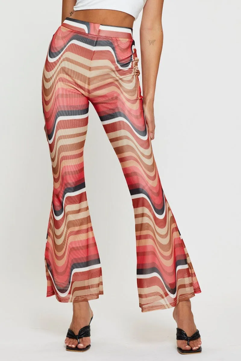 Abstract Print Flare Pants Elastic Waist