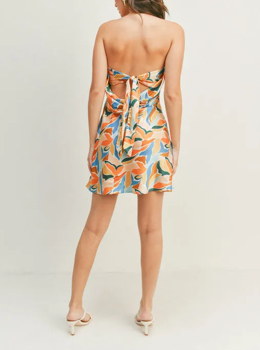 Abstract Strapless Tie Back Mini Dress