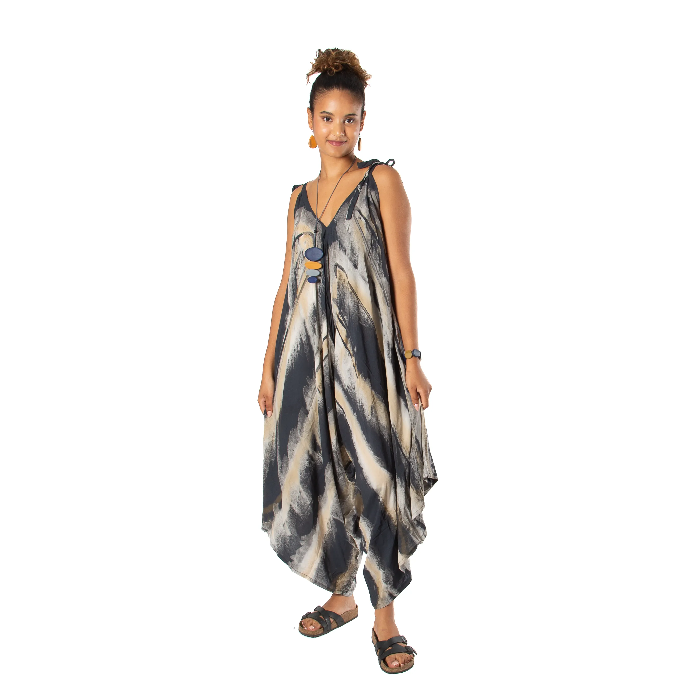 Abstract Tie Dye Design Romper - Grey & Gold Mix, Indonesia