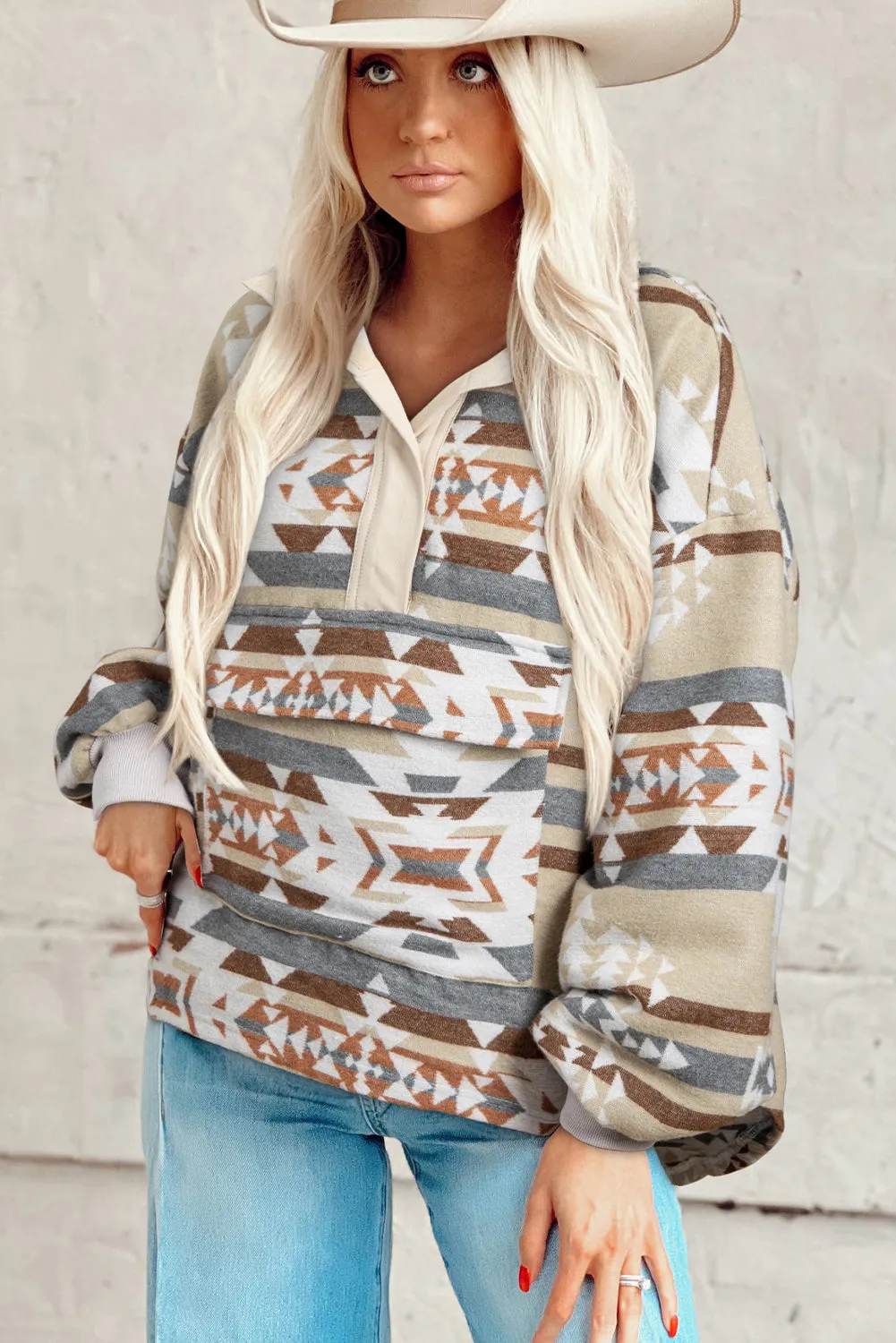 Apricot Geometric Print Collared Flap Pocket Sweatshirt