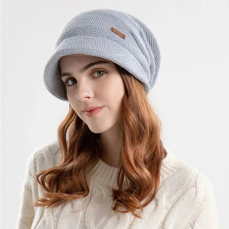 Autumn and Winter Slouchy Knitted Short Brim Beanie Hat for Women