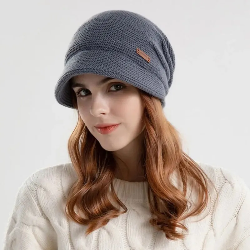 Autumn and Winter Slouchy Knitted Short Brim Beanie Hat for Women