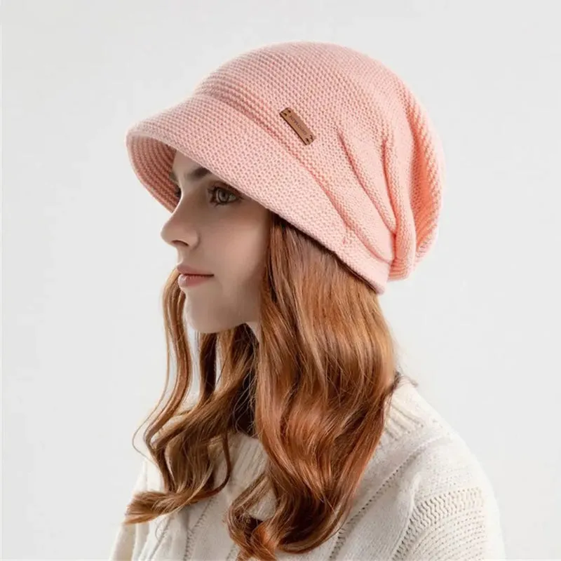 Autumn and Winter Slouchy Knitted Short Brim Beanie Hat for Women