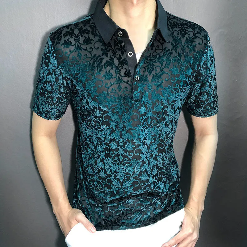 Black Gold Abstract Pattern Lace Polo Shirt