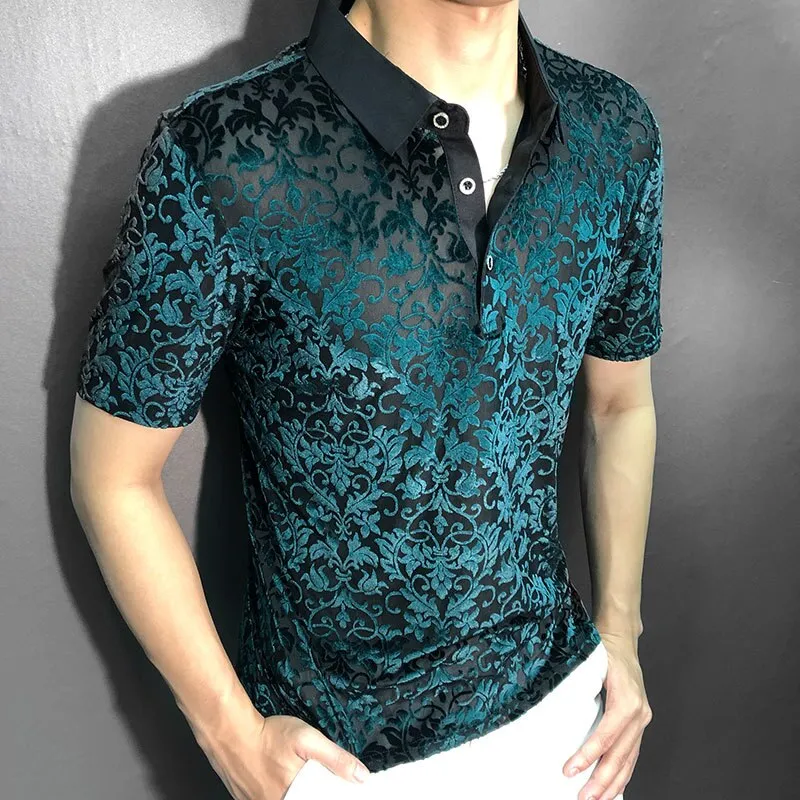 Black Gold Abstract Pattern Lace Polo Shirt