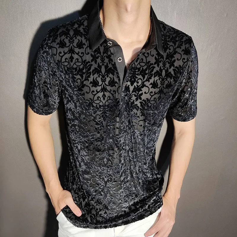 Black Gold Abstract Pattern Lace Polo Shirt