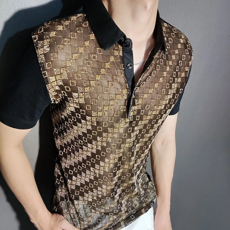 Black Gold Abstract Pattern Lace Polo Shirt