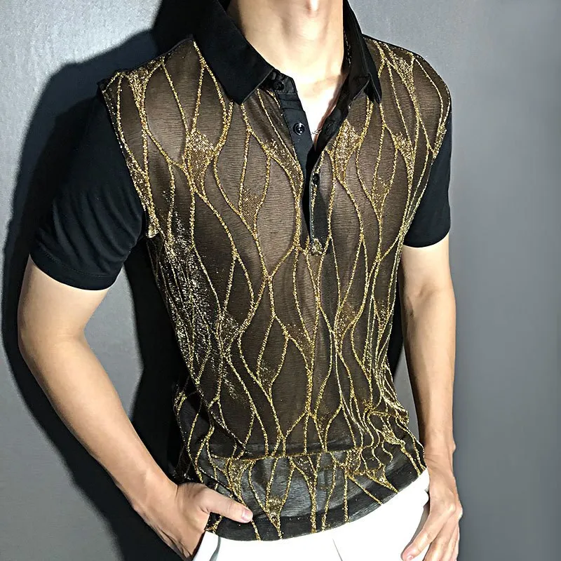 Black Gold Abstract Pattern Lace Polo Shirt