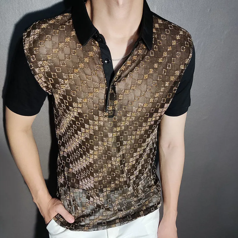 Black Gold Abstract Pattern Lace Polo Shirt