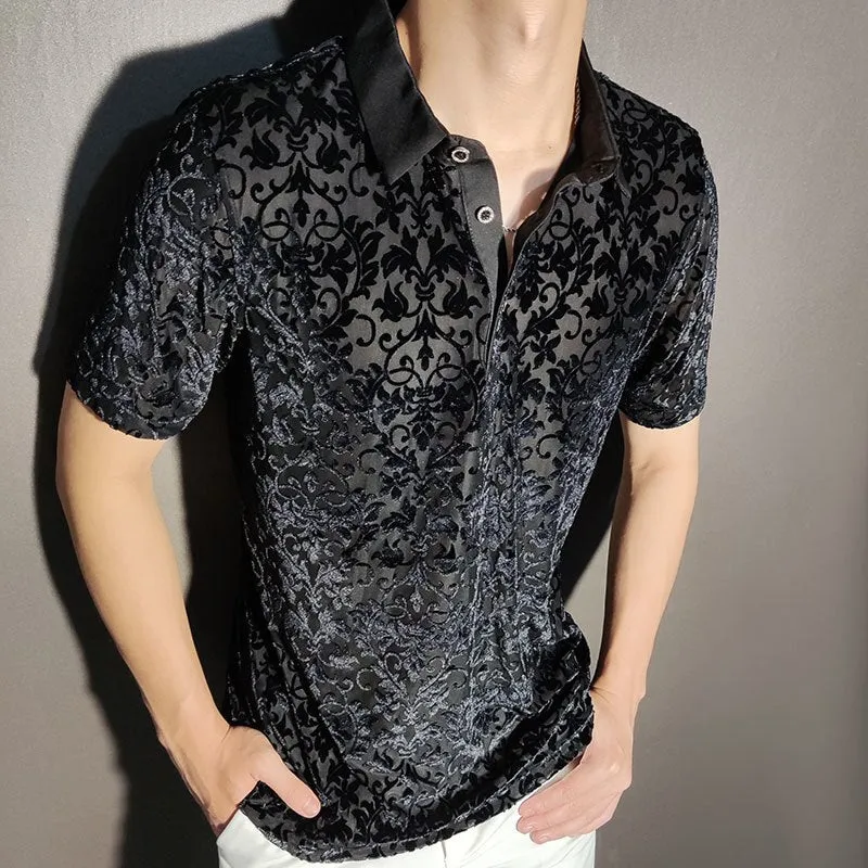 Black Gold Abstract Pattern Lace Polo Shirt