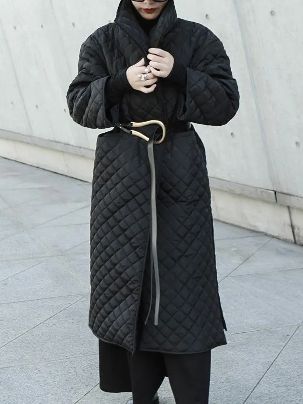 Black Rhombic Split-Side High Collar Long Coat