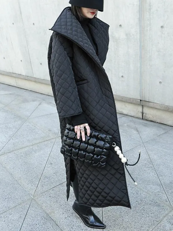 Black Rhombic Split-Side High Collar Long Coat