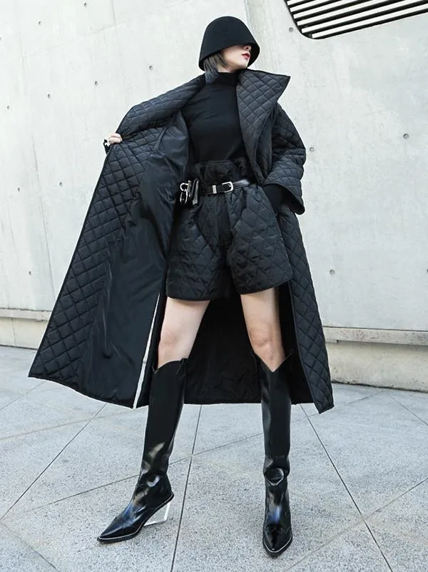 Black Rhombic Split-Side High Collar Long Coat