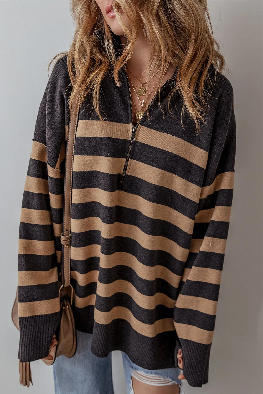 Black Striped Collared Quarter Zip Oversized Sweater