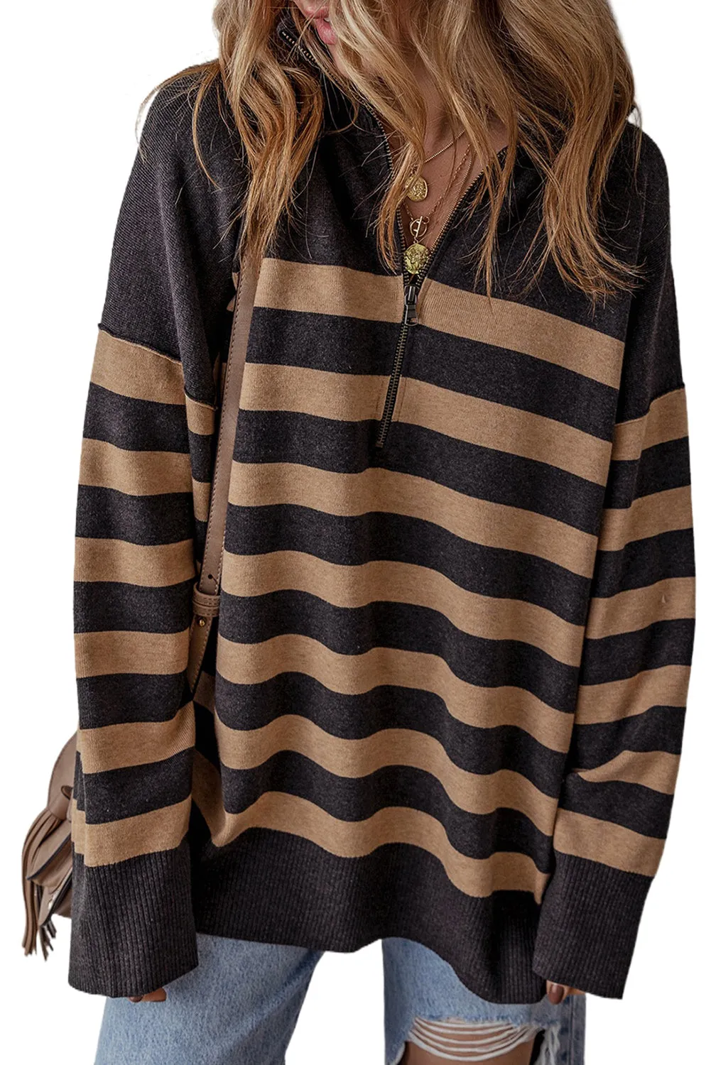 Black Striped Collared Quarter Zip Oversized Sweater