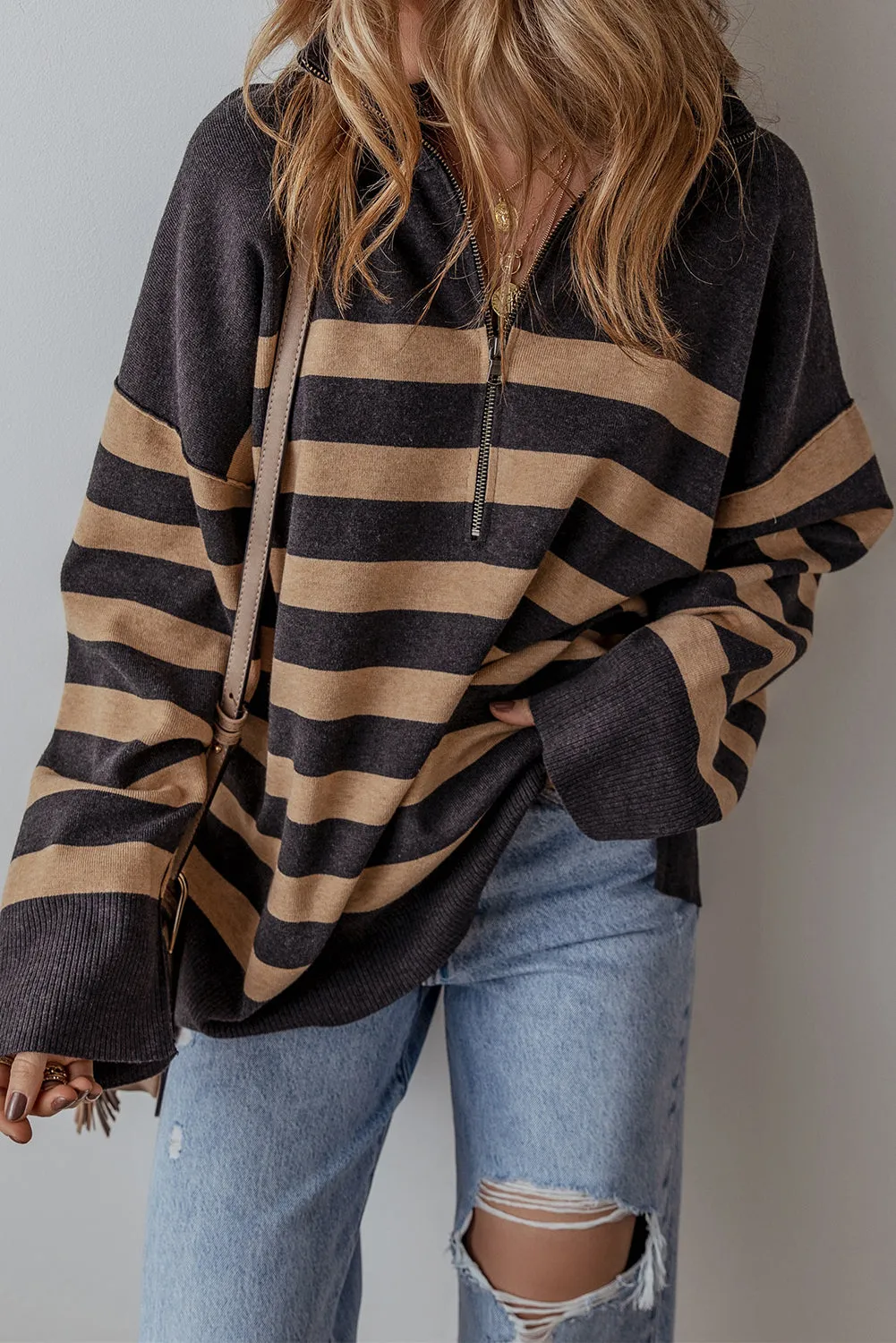 Black Striped Collared Quarter Zip Oversized Sweater