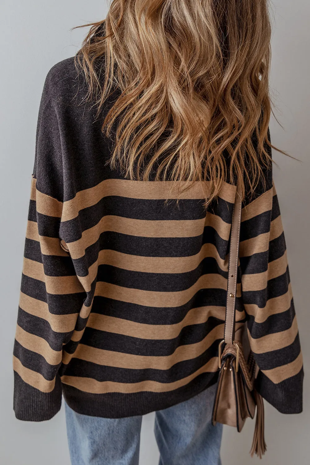 Black Striped Collared Quarter Zip Oversized Sweater