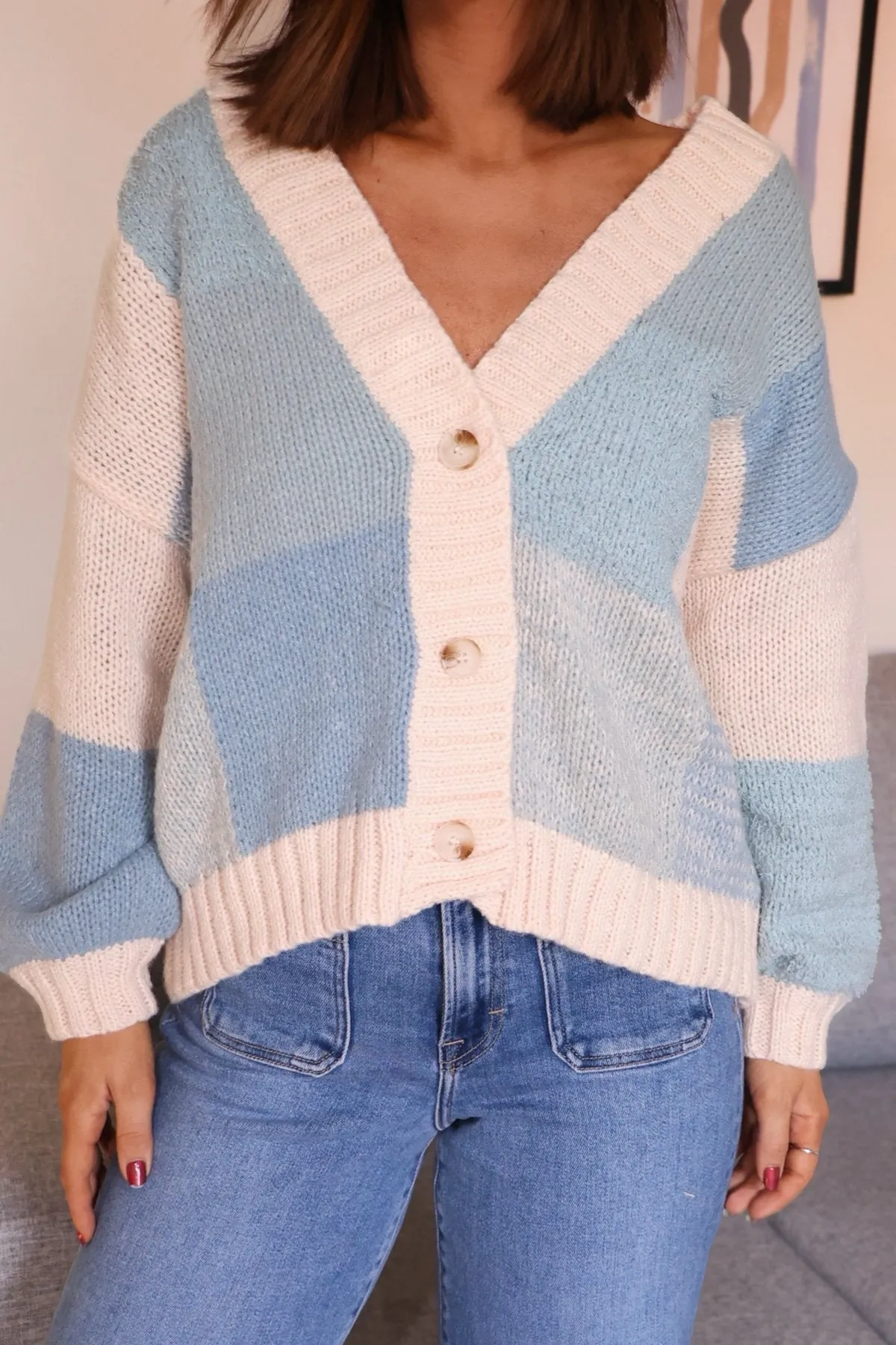 Blue Color Block Ribbed Cardigan