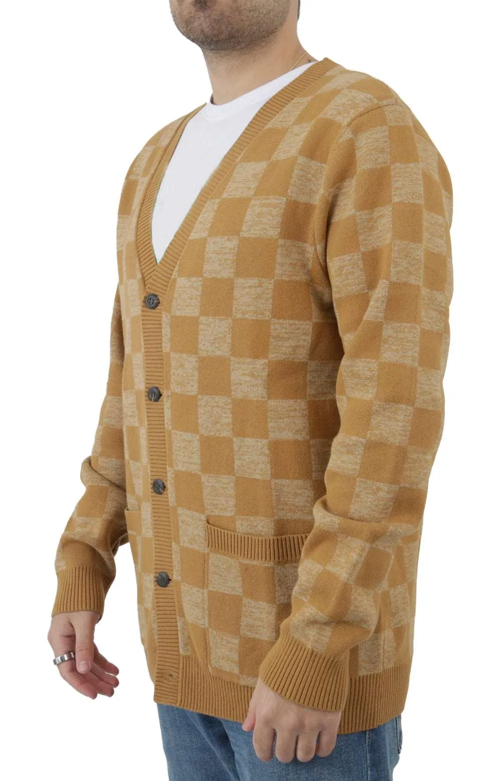 Bone Brown Checkerboard Jacquard Knit Cardigan