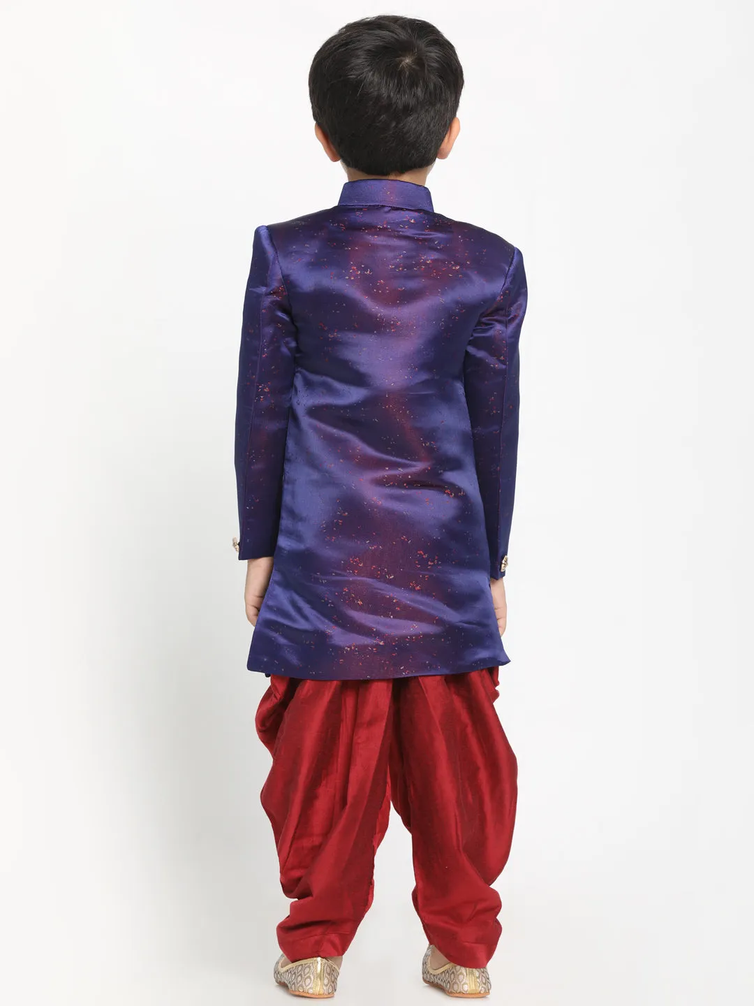 Boy's Blue And Maroon Silk Blend Indowestern Sherwani And Dhoti Set - JBN Creation