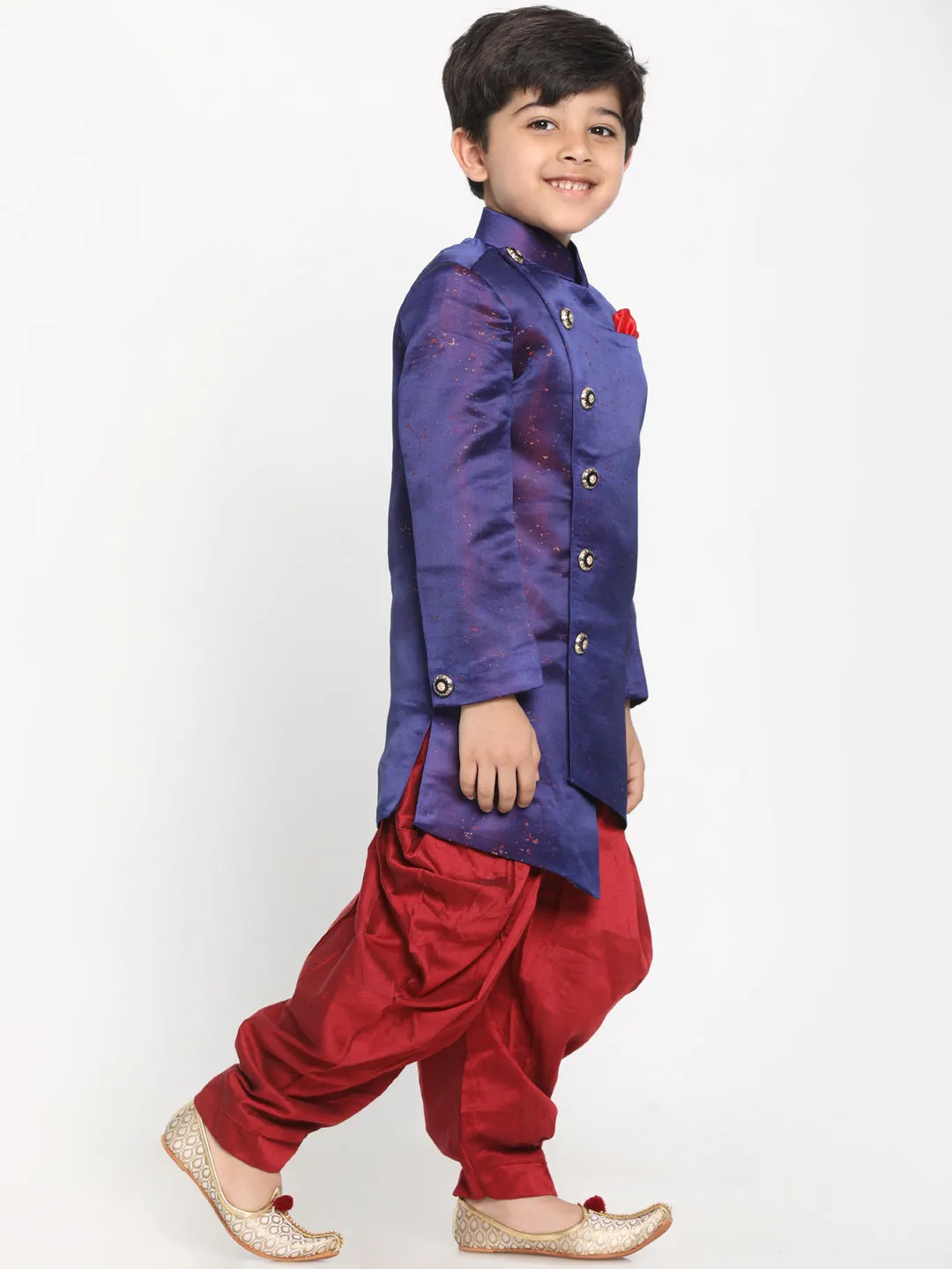 Boy's Blue And Maroon Silk Blend Indowestern Sherwani And Dhoti Set - JBN Creation