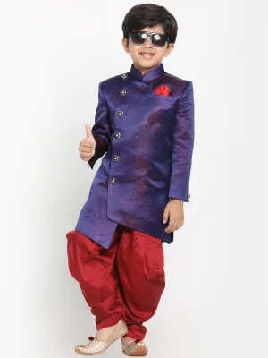 Boy's Blue And Maroon Silk Blend Indowestern Sherwani And Dhoti Set - JBN Creation