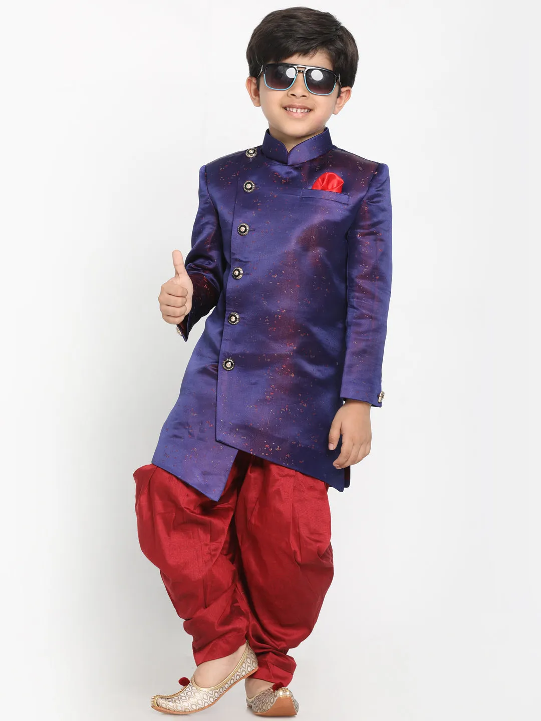 Boy's Blue And Maroon Silk Blend Indowestern Sherwani And Dhoti Set - JBN Creation