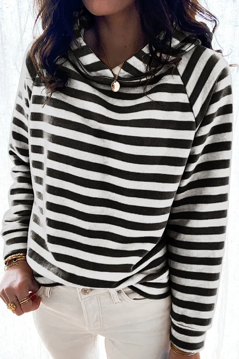 Casual Striped Patchwork Hooded Collar Tops(3 colors)