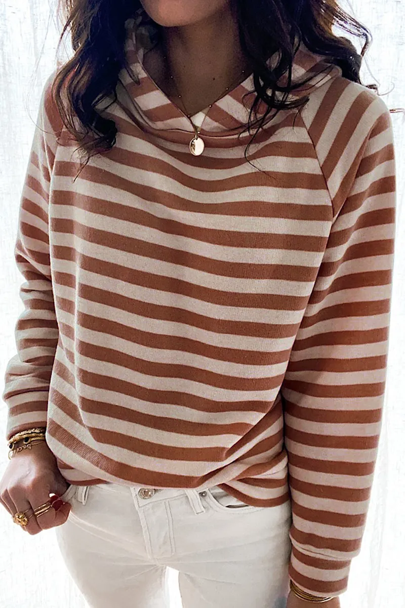 Casual Striped Patchwork Hooded Collar Tops(3 colors)