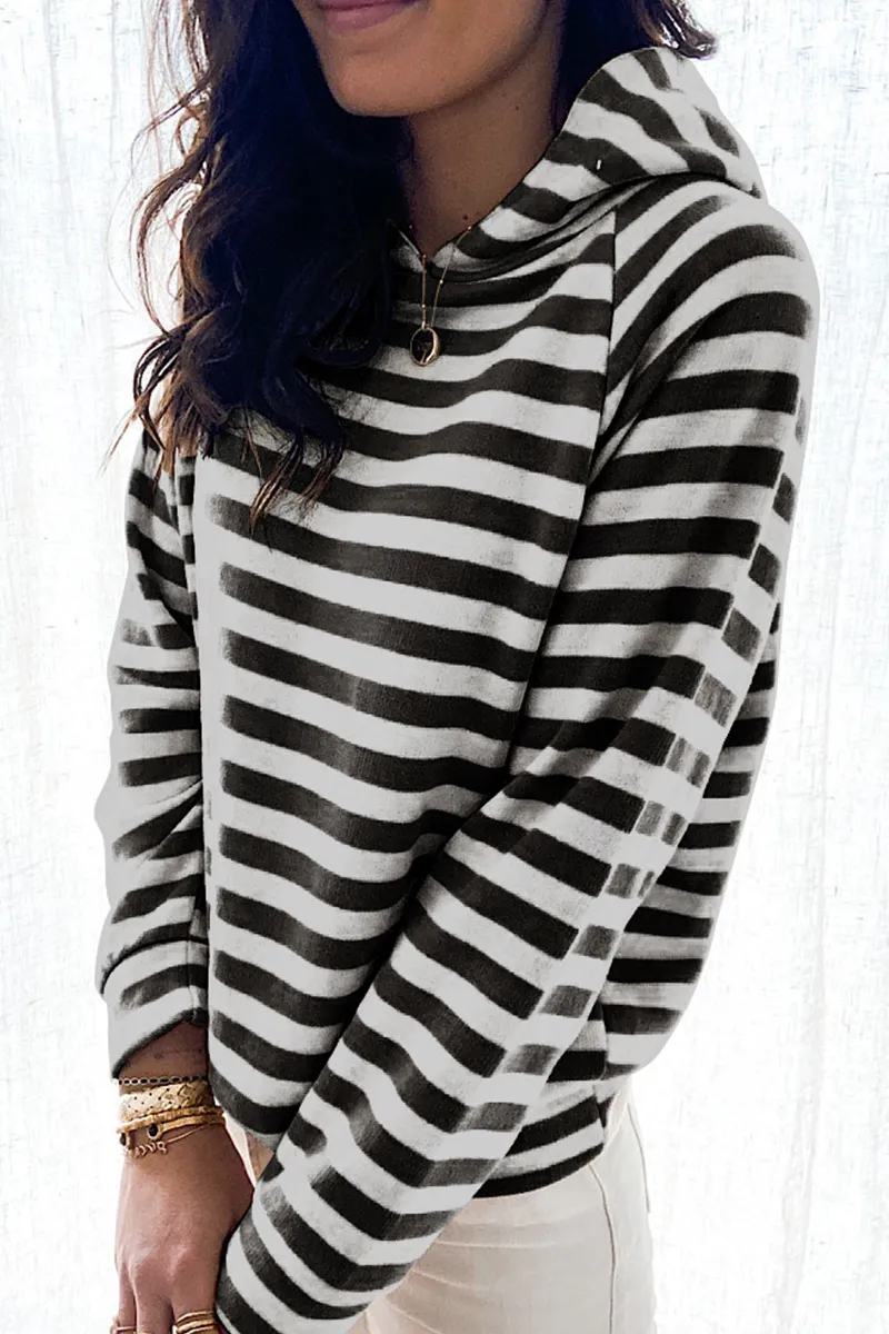 Casual Striped Patchwork Hooded Collar Tops(3 colors)