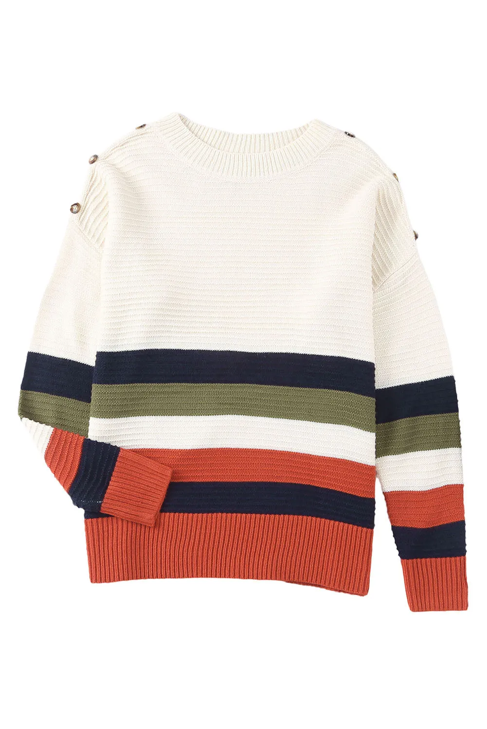 Colorblock Striped Button Drop Shoulder Pullover Sweater