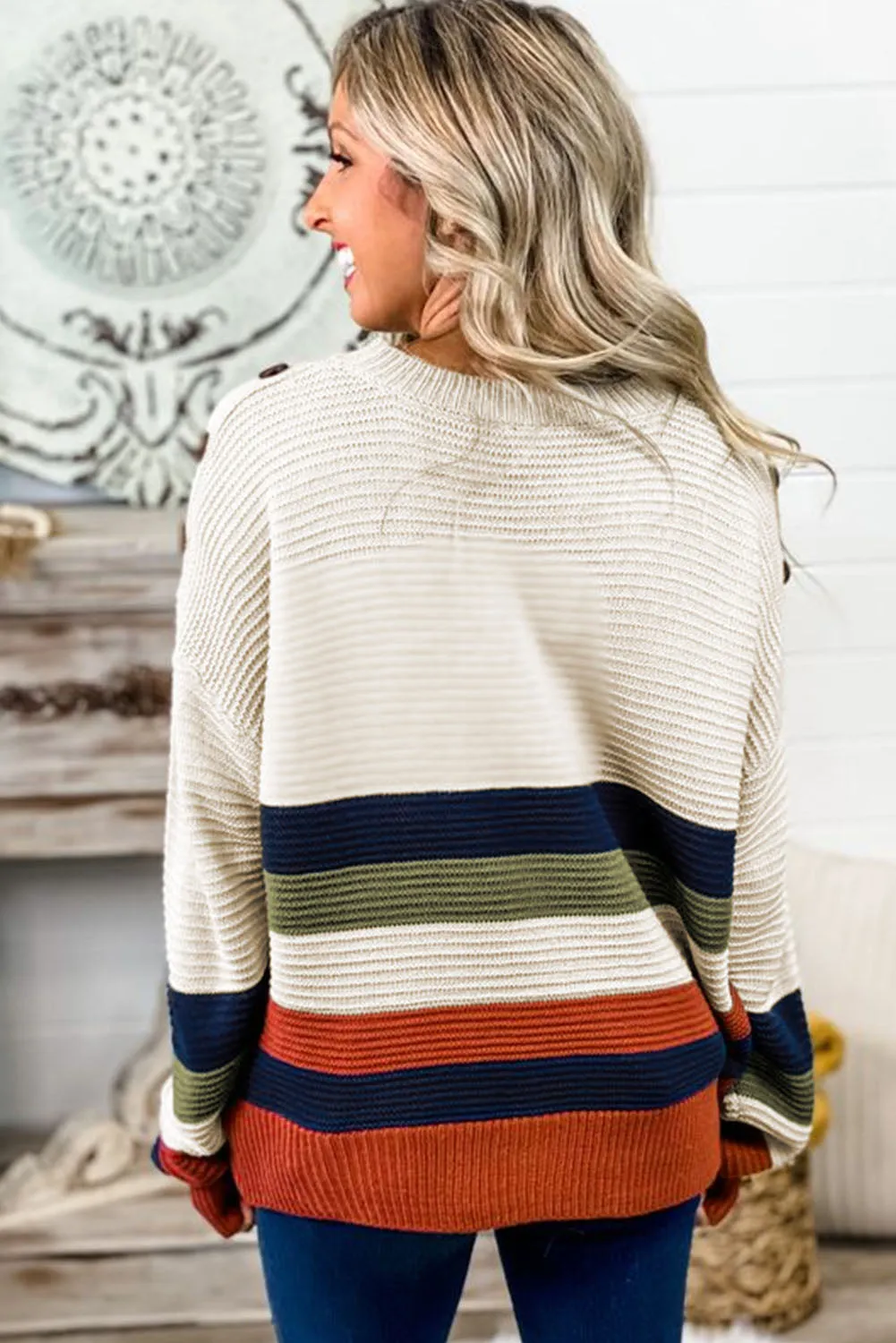 Colorblock Striped Button Drop Shoulder Pullover Sweater