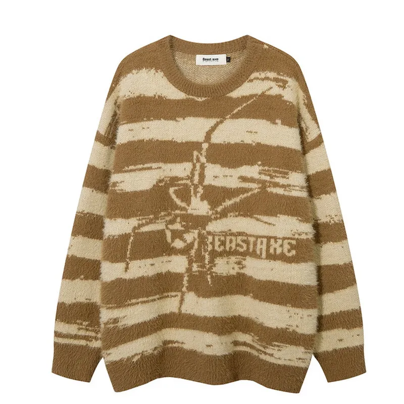 Contrasting Striped Spider Jacquard Mink Sweater