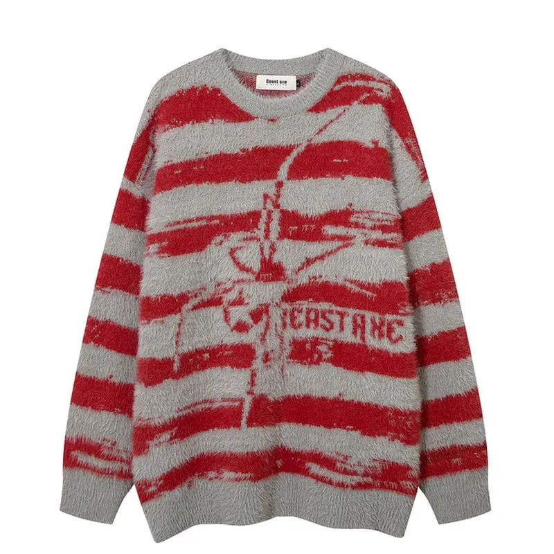 Contrasting Striped Spider Jacquard Mink Sweater