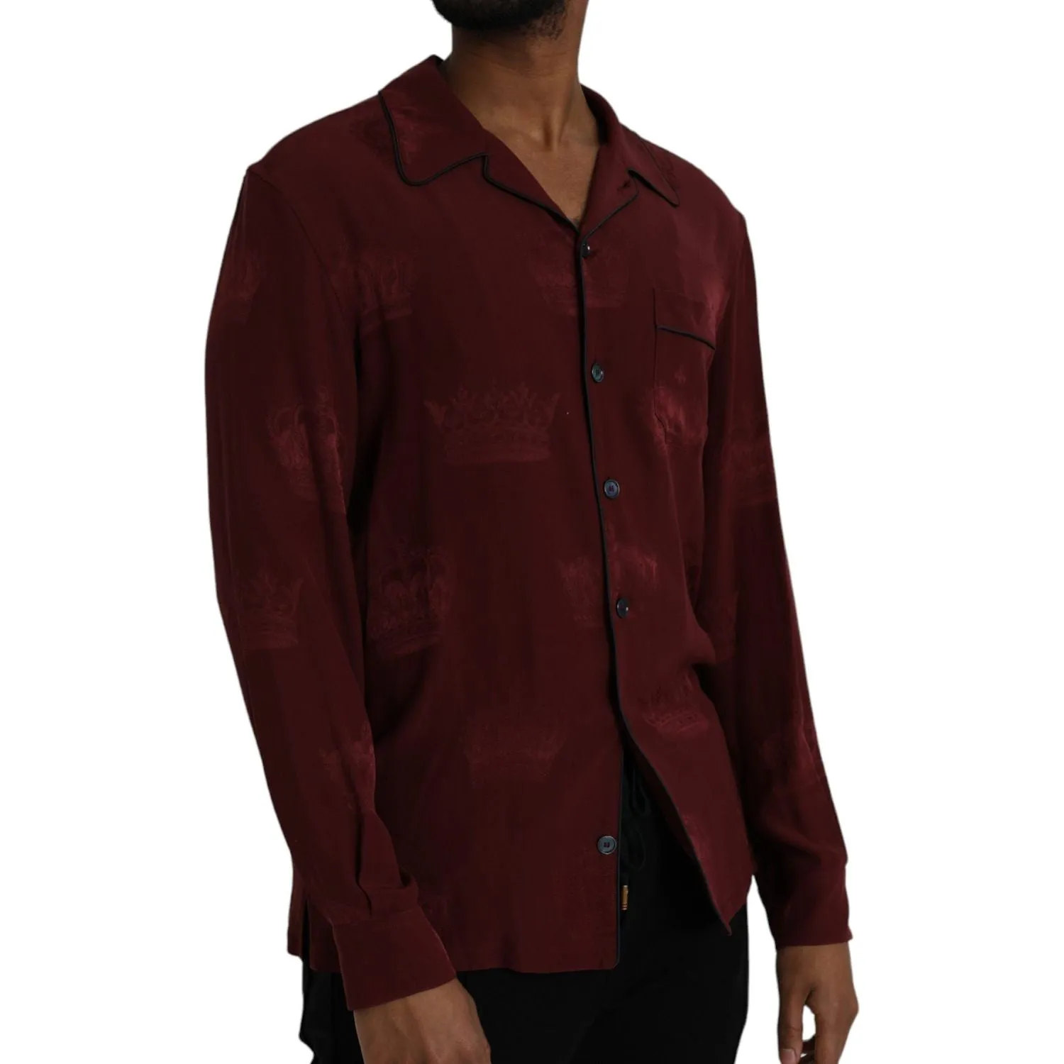 Dolce & Gabbana Maroon Crown Jacquard Silk Long Sleeve Shirt