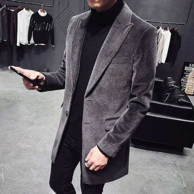 England Style Wool Blend Single Breasted Design Men Outer Coat