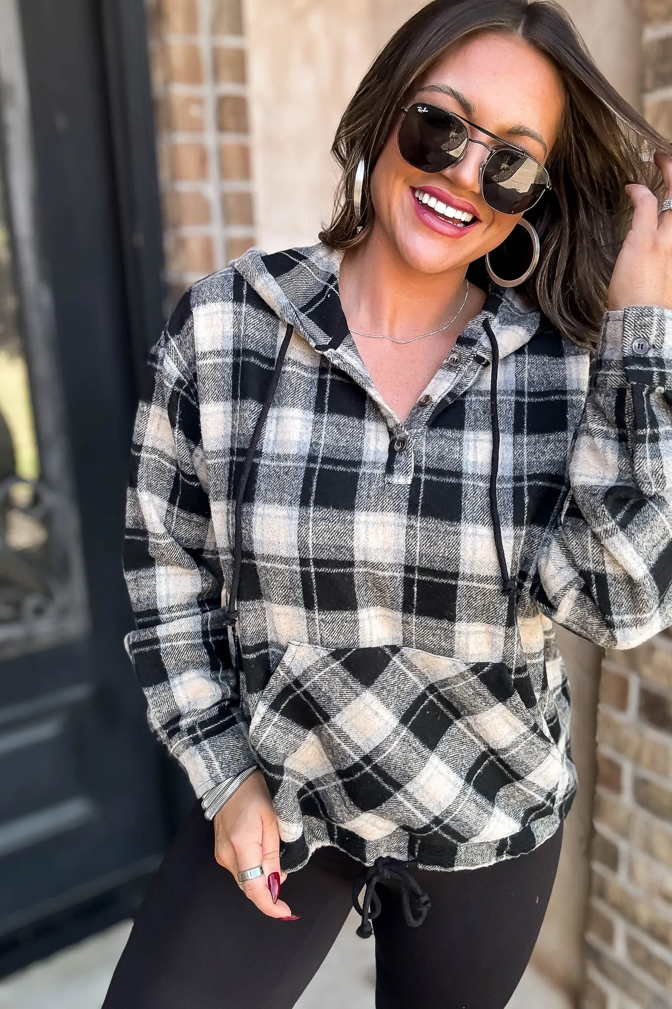 Flannel Plaid Pullover Hoodie W/ Kangaroo Pocket