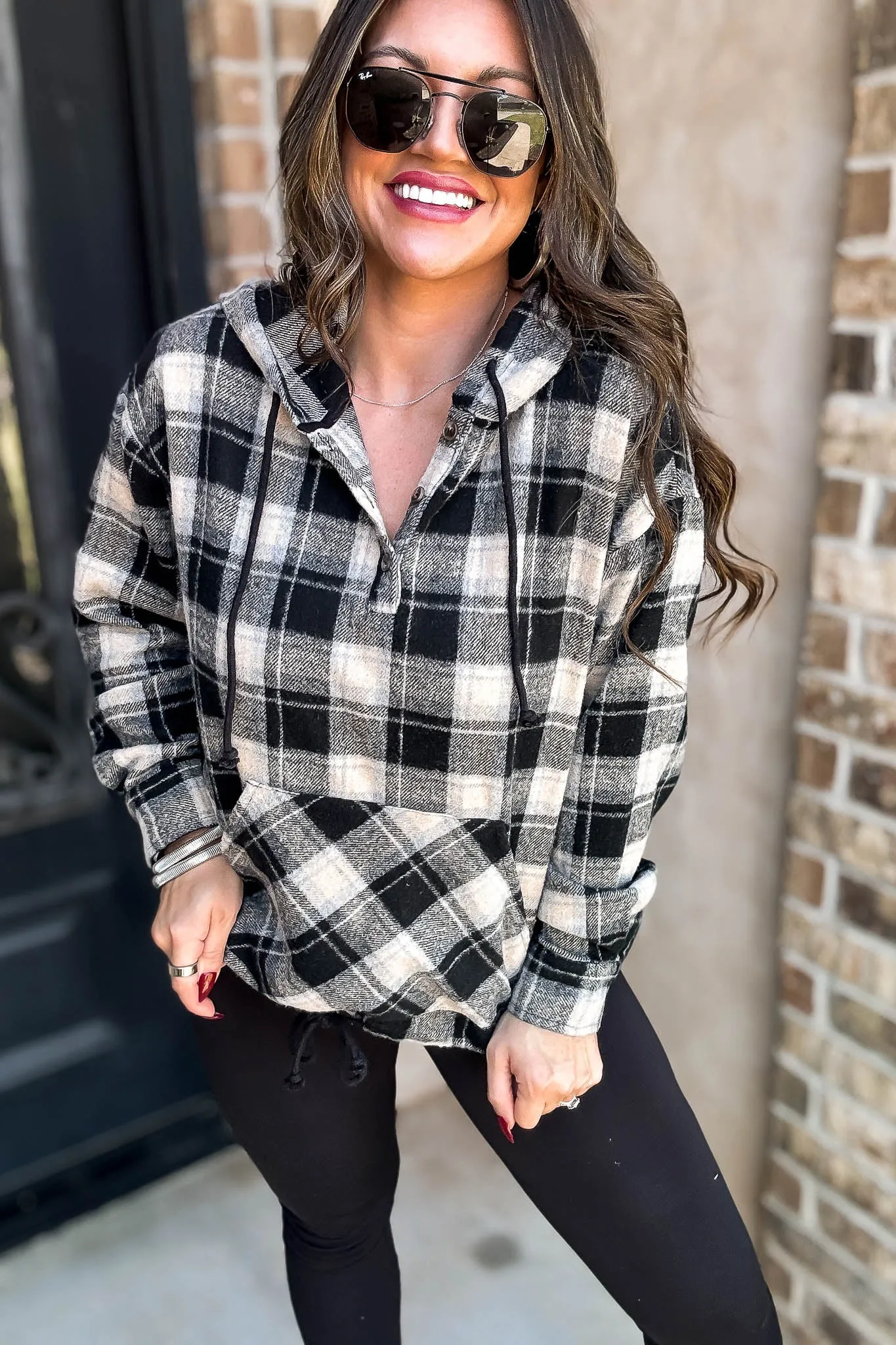 Flannel Plaid Pullover Hoodie W/ Kangaroo Pocket