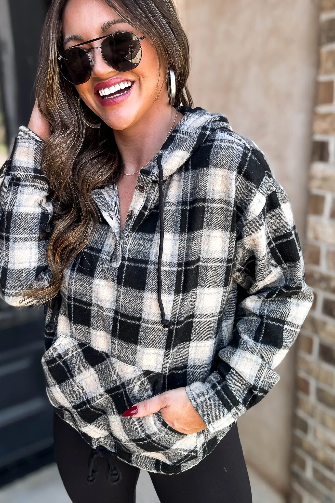 Flannel Plaid Pullover Hoodie W/ Kangaroo Pocket