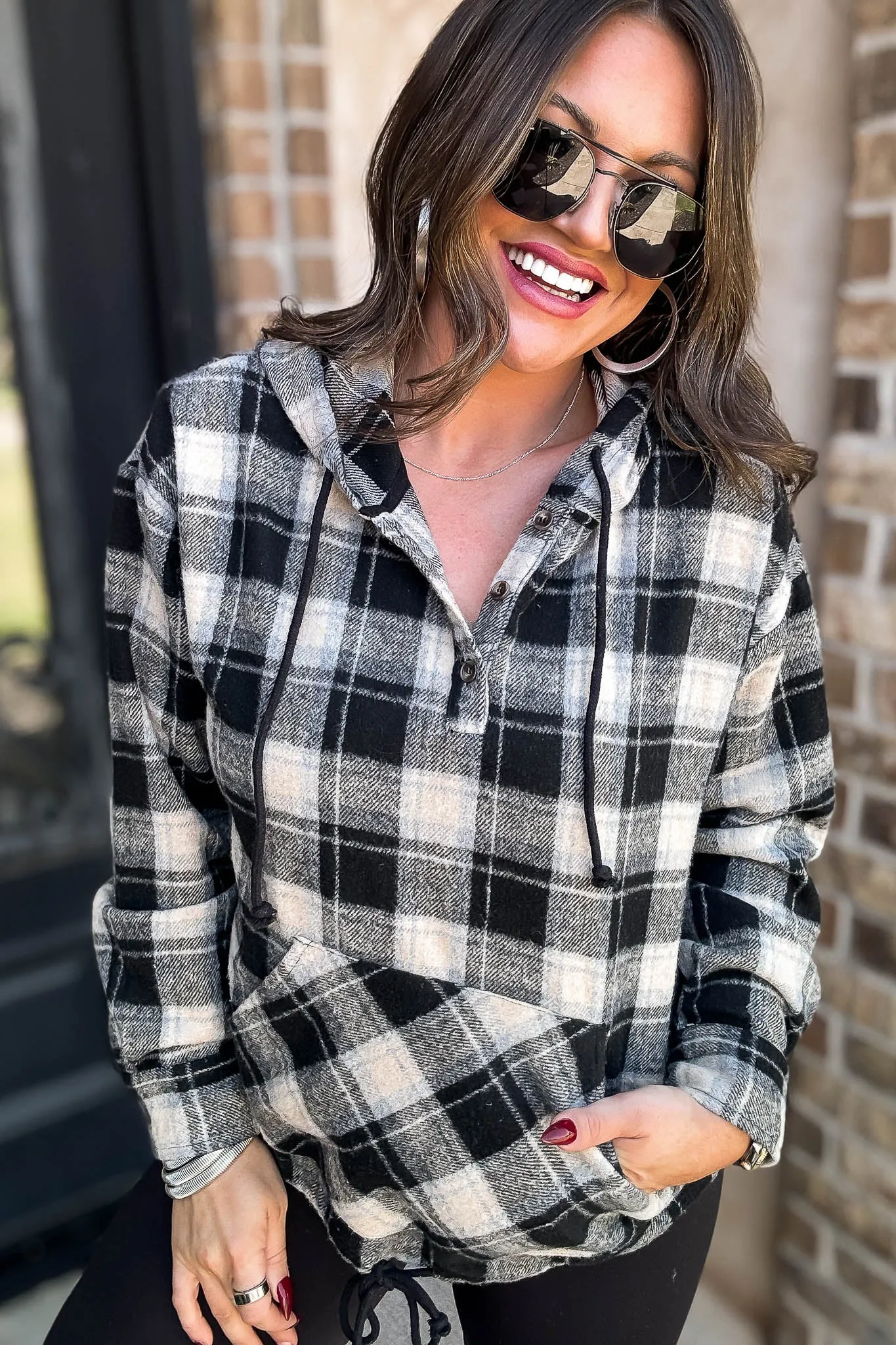 Flannel Plaid Pullover Hoodie W/ Kangaroo Pocket