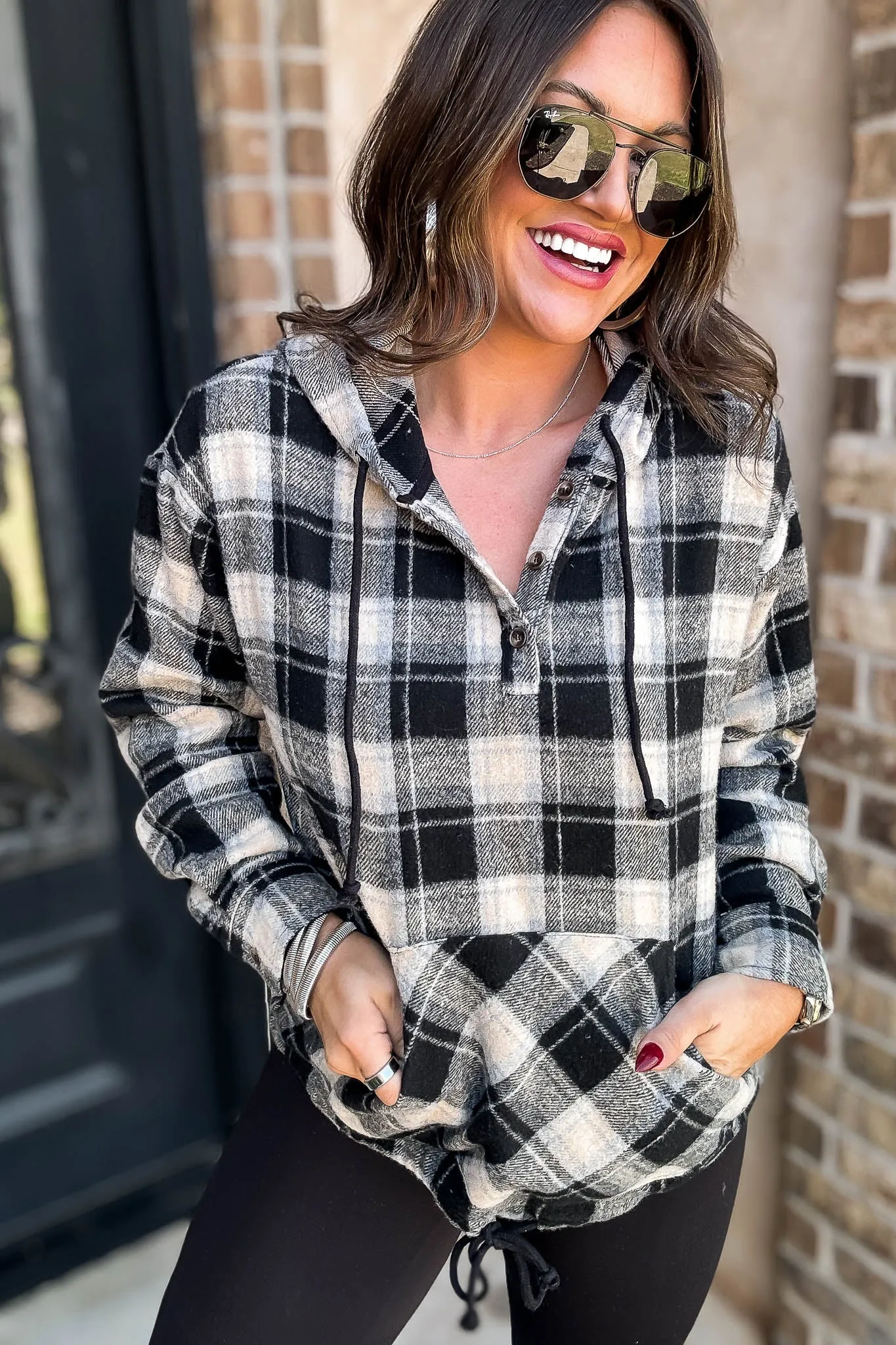 Flannel Plaid Pullover Hoodie W/ Kangaroo Pocket