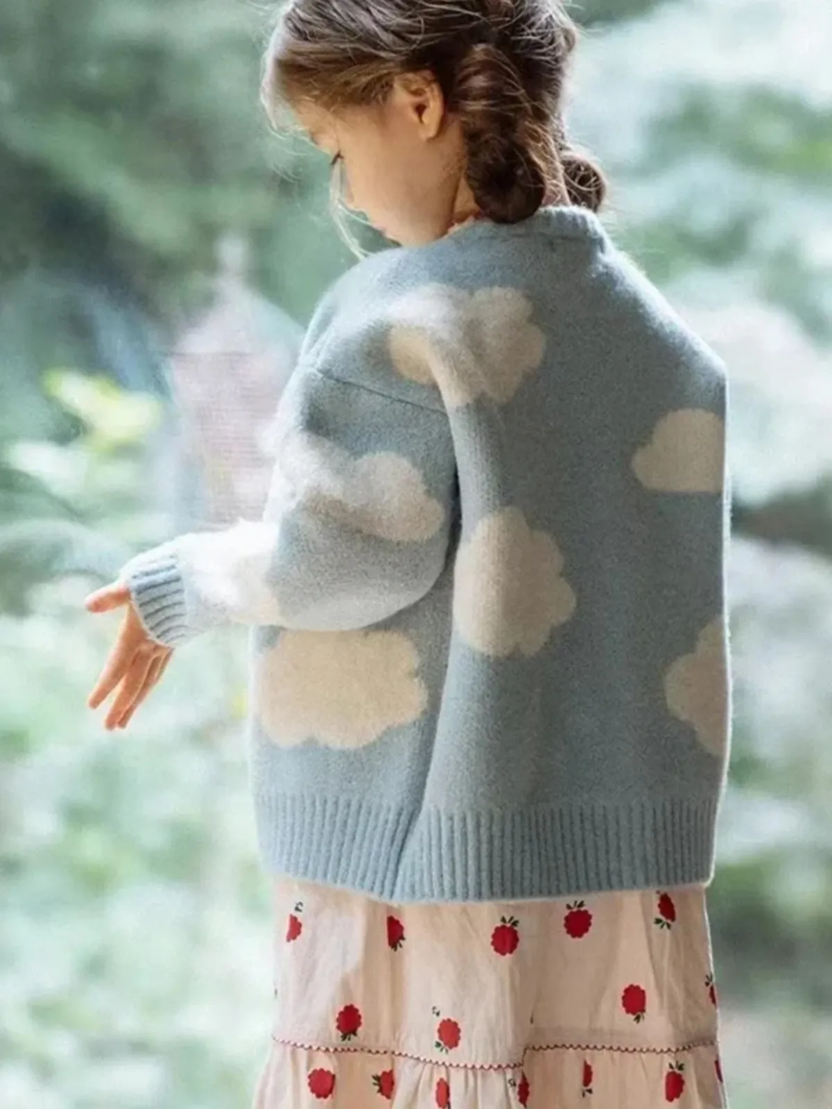 Girls Cozy V-Neck Cardigan with Cloud Design