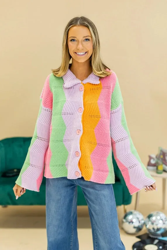 Grace Emma Boho Bliss Rainbow Chevron Pattern Cardigan in Multi