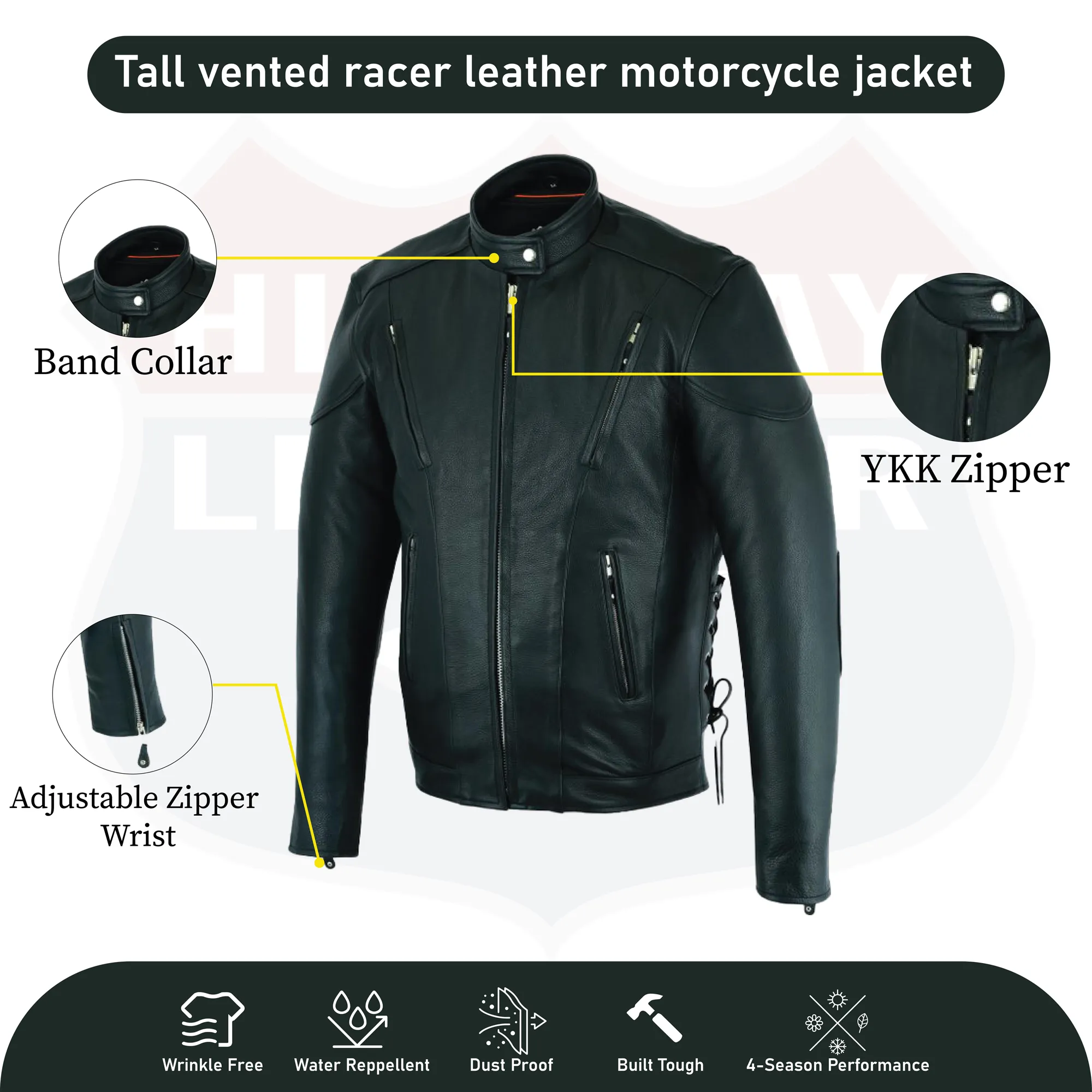 HL10206Tall TALL black vented racer leather motorcycle jacket- (longer sleeve & back length)