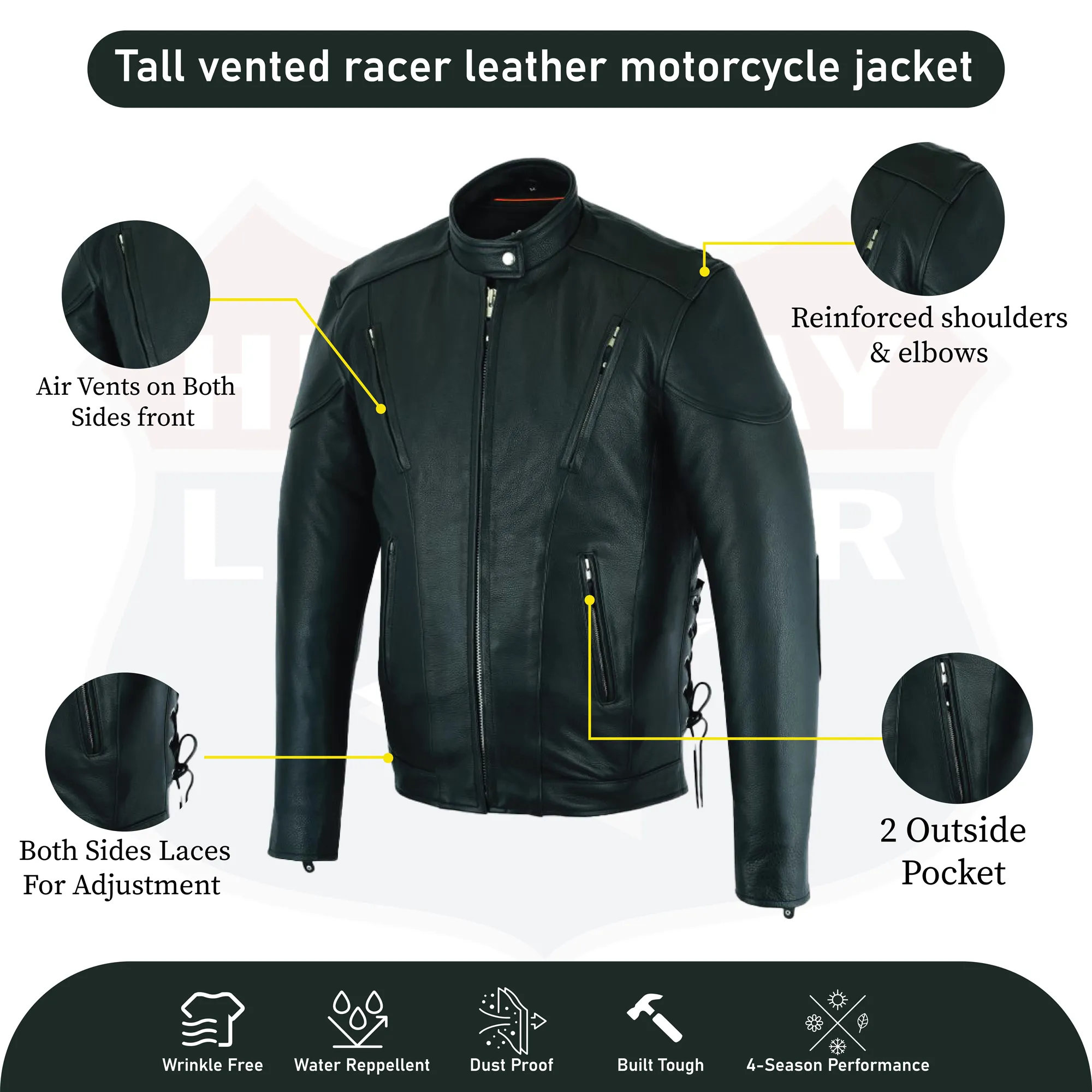 HL10206Tall TALL black vented racer leather motorcycle jacket- (longer sleeve & back length)