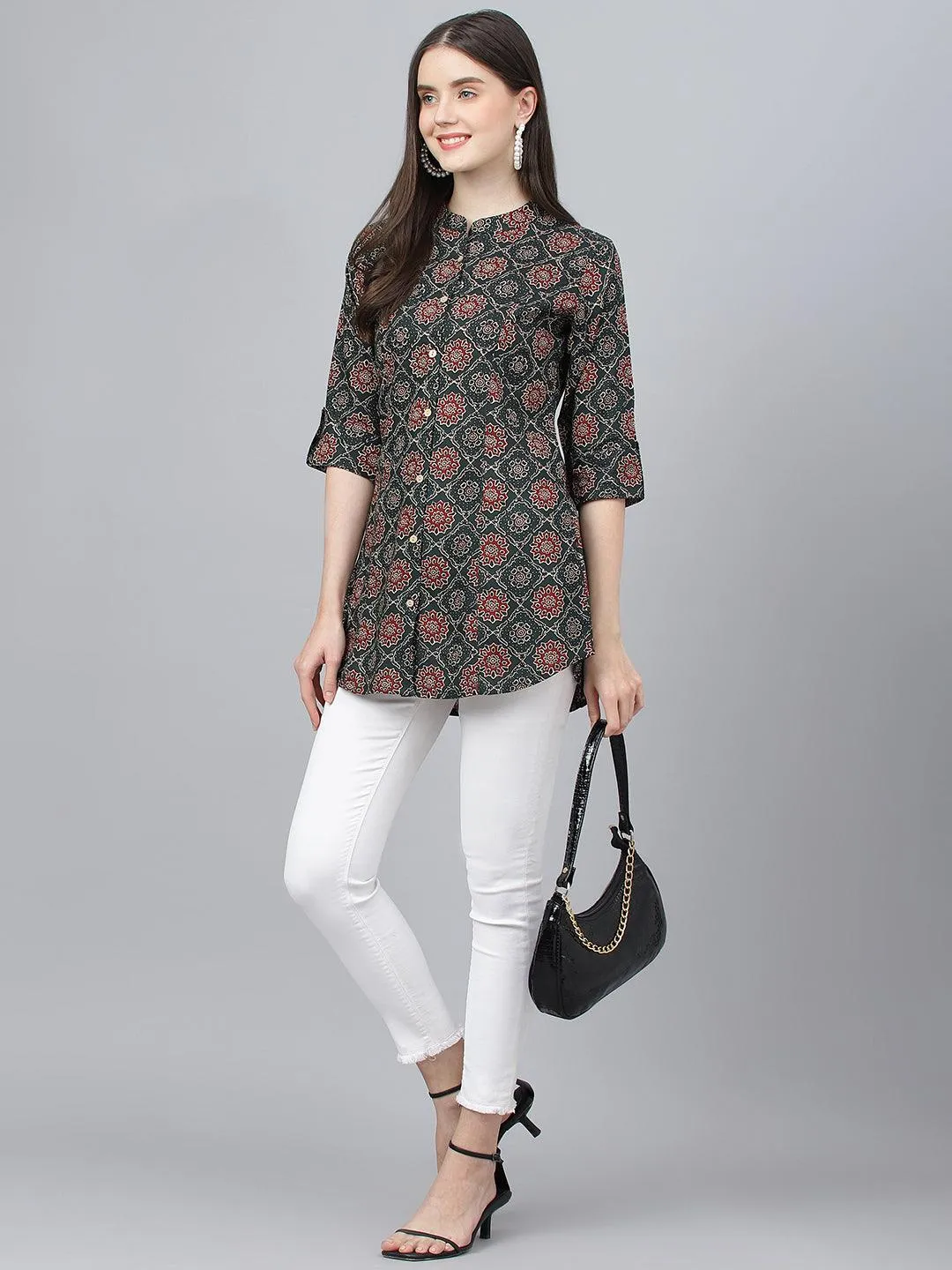 Jashvi Black Abstract printed Rayon A-line Shirts Style Top