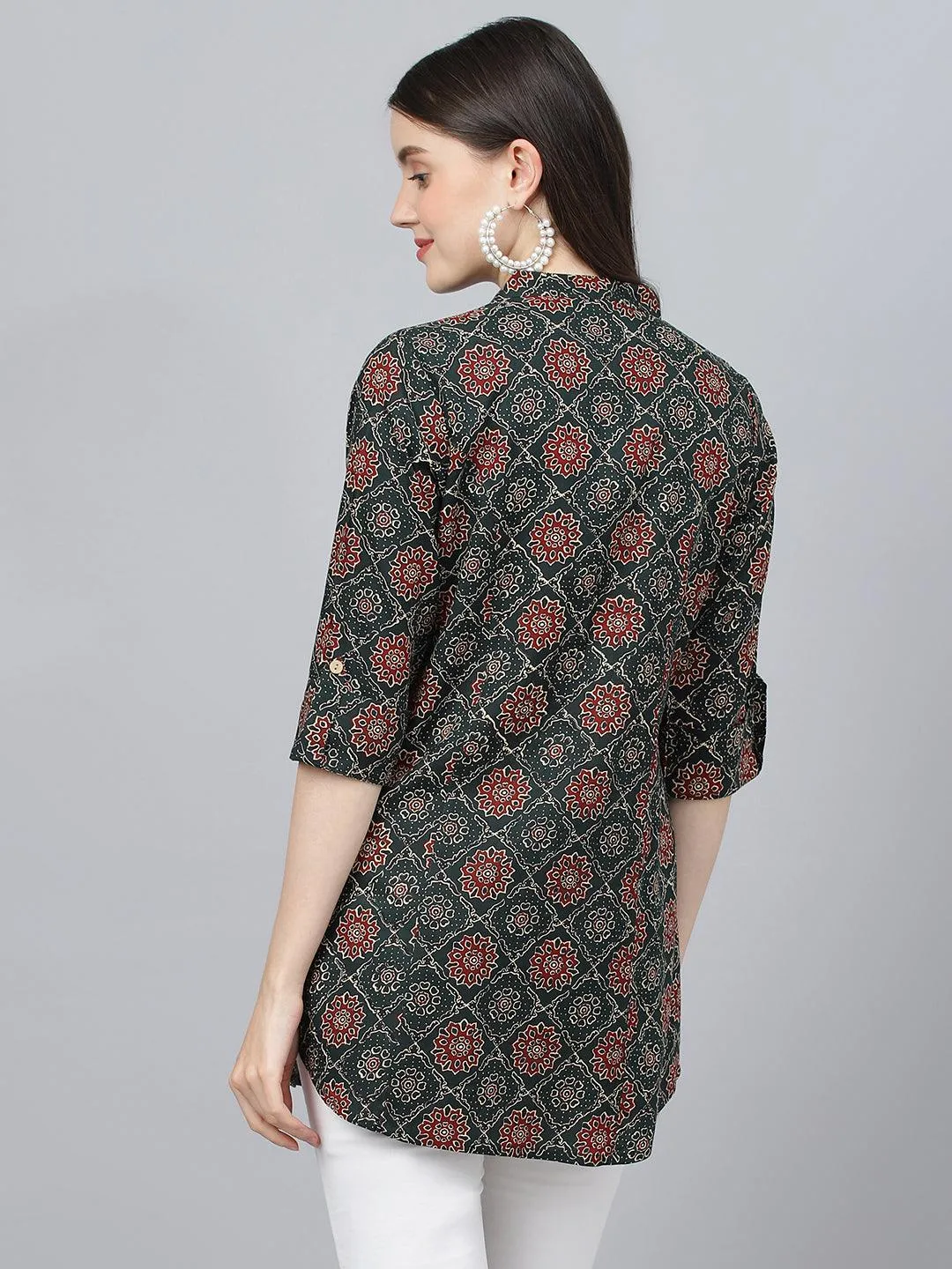 Jashvi Black Abstract printed Rayon A-line Shirts Style Top