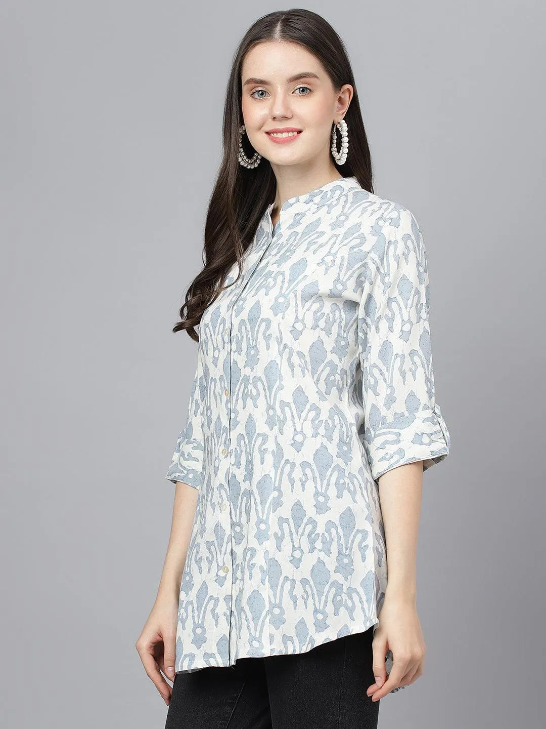 Jashvi Off white Abstract printed Rayon A-line Shirts Style Top